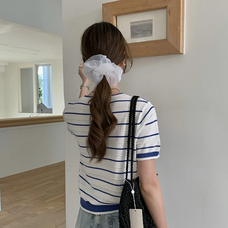 Summer 100% cotton women's T-shirt casual striped knit pullover short sleeved loose round neck Tees Pull luxury hollow Out Tops