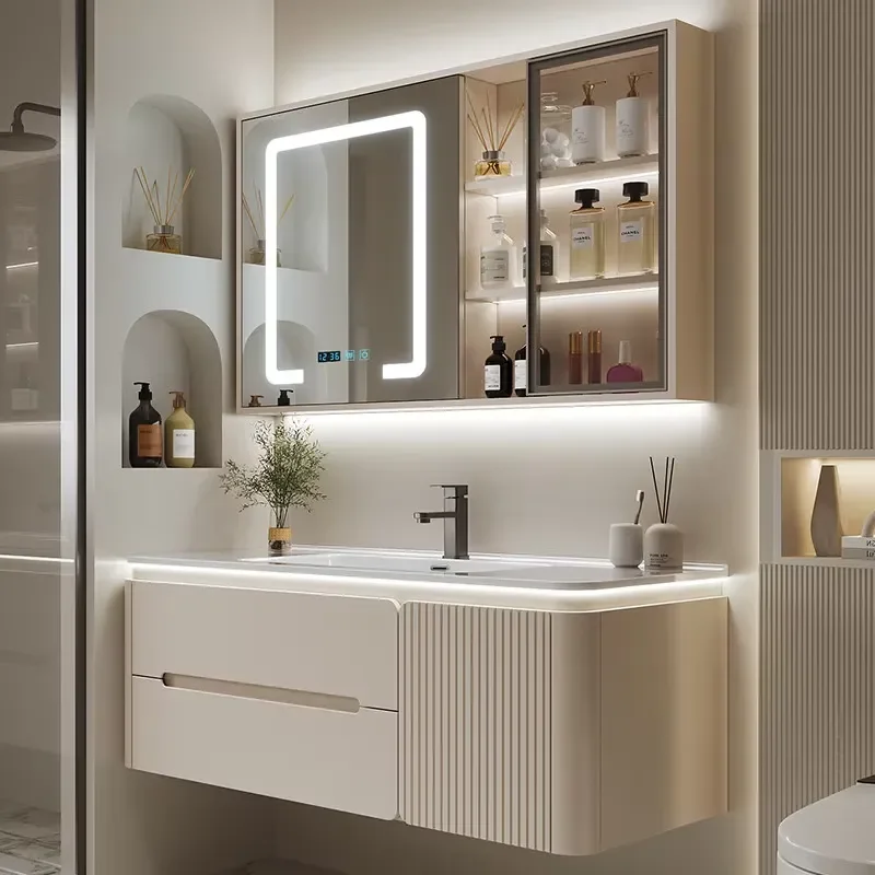 New Cream colored Modern-style Integrated Ceramic Basin Bathroom Vanity Set with Mirror Wash Basin Cabinet and Dressing Table