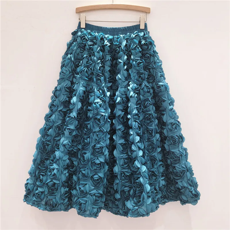 French Elegant Hepburn Style Elastic High Waist A-line Sweet Versatile Heavy Industry 3D Rose Fluffy Fairy Long Skirt For Women
