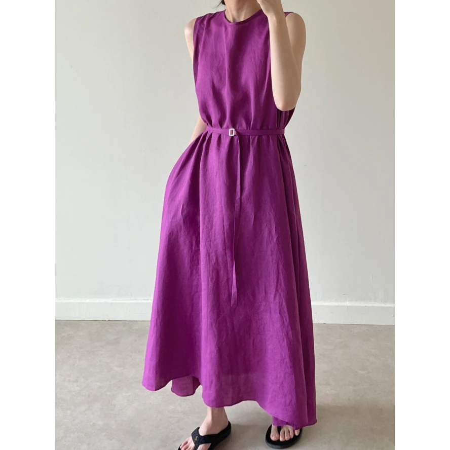 REALEFT Vintage bawełniana i lniana damska długa sukienka szarfy 2025 nowa letnia bez rękawów solidna na co dzień luźna prosta sukienka kobieta