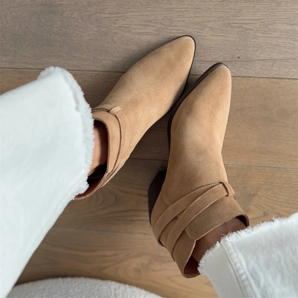 FEDONAS Women's Suede Western Ankle Boots with High Heels