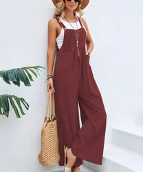 Cotton Linen Jumpsuits Woman Casual Loose Straps Wide Leg Pants Fashion Sleeveless Oversized Jumpsuits Plus