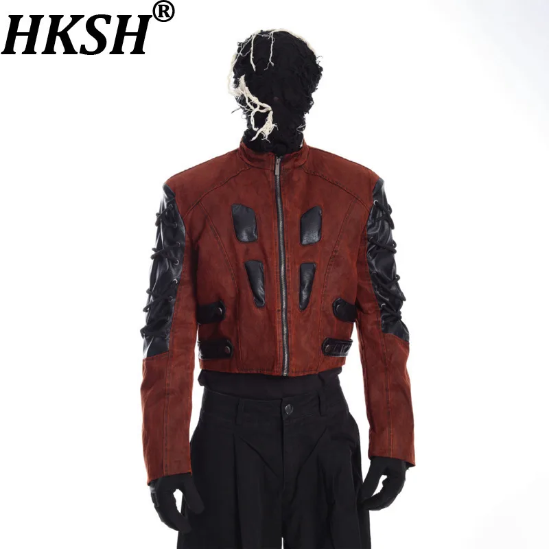 

HKSH Autumn Winter New Men Dark Contrast Color Three-Dimensional Armor Design High-End Padded Punk Short Leather Jackets HK14326