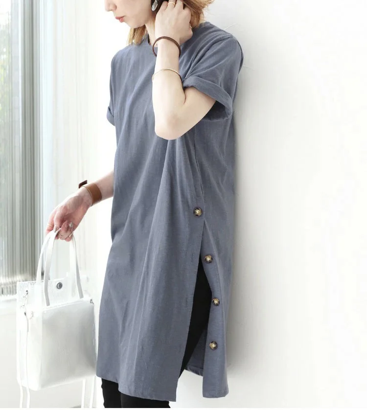 루즈핏 일본 스타일 티셔츠, 버튼업 코튼 린넨 미디 드레스, 사이드 슬릿, 클래식 라운드넥 여름 드레스