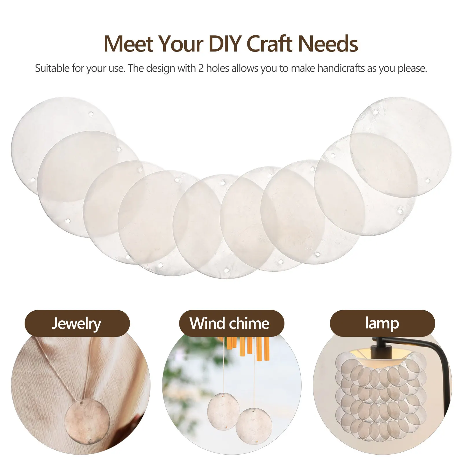 50Pcs Round Natural Shells DIY Pendants Flat Sea Shell Discs with 2 Holes for Jewelry Making Wind Chimes Lamp Decor Crafts