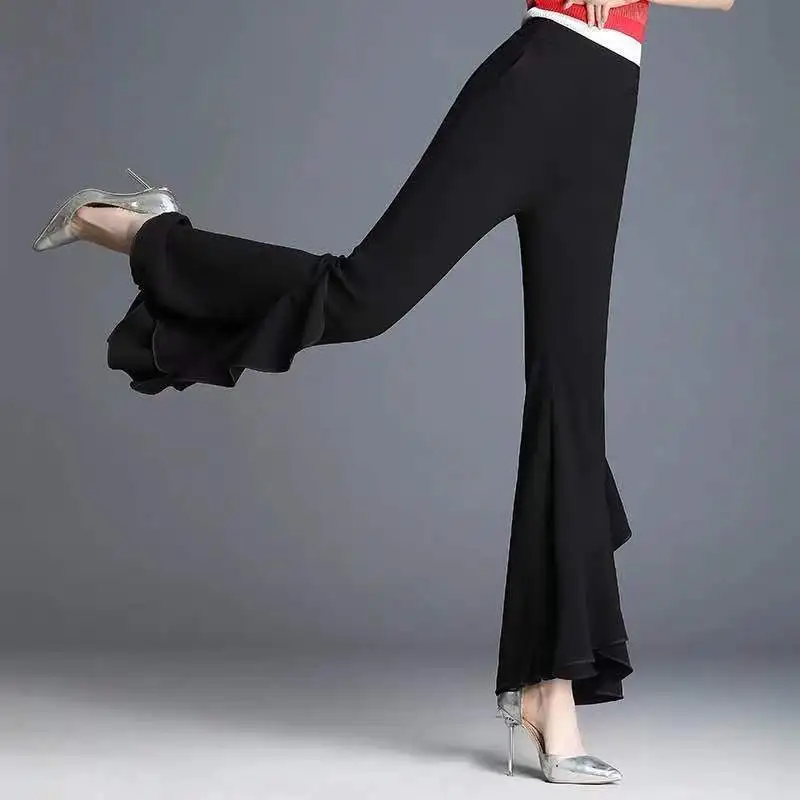 Sexy Flared Pants Women Ice Silk Flare Leggings Chiffon Black Bell Pants Woman Trendeez Fashion Fluid Long Tulle Trousers Casual