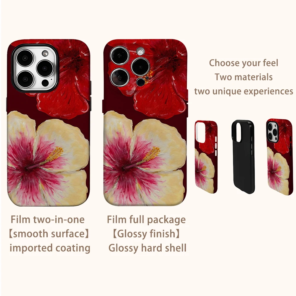 HIBISCUS زهرة جراب هاتف آيفون 16 15 14 13 12 11 X XS XR XSMAX 7 8 Pro Max Plus طبقة مزدوجة الغطاء الخلفي