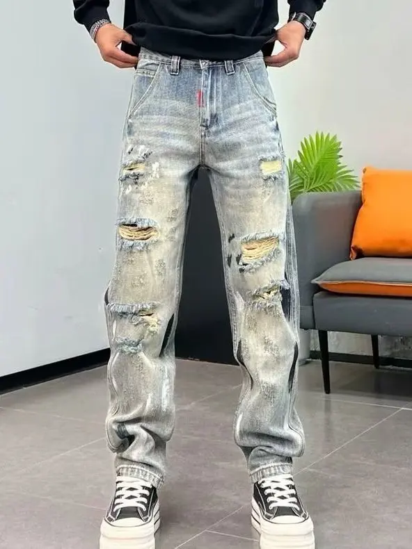 Hand-Painted Graffiti Distressed Straight Leg Cone-Shaped Men's Jeans Casual Trendy Streetwear Classic Fit Long Pants