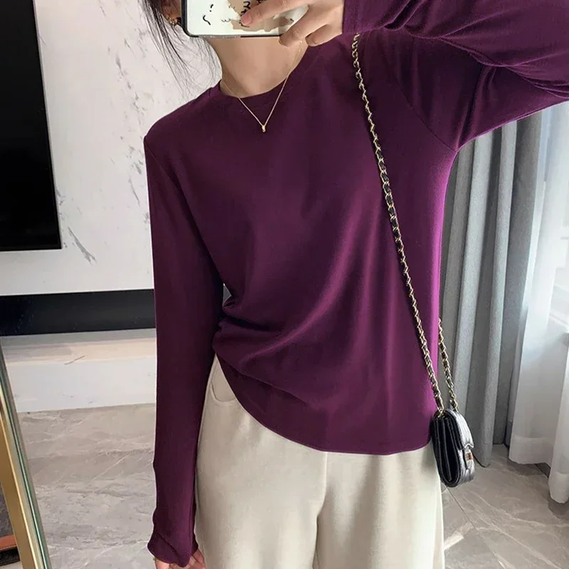 AOSSVIAO Herbst-Winter Slim Fit Schulter-Langarm-T-Shirt für Damen, trendiges Basic-T-Shirt mit Rundhalsausschnitt, superweich, vielseitiges, schlankmachendes Oberteil – Detail 11