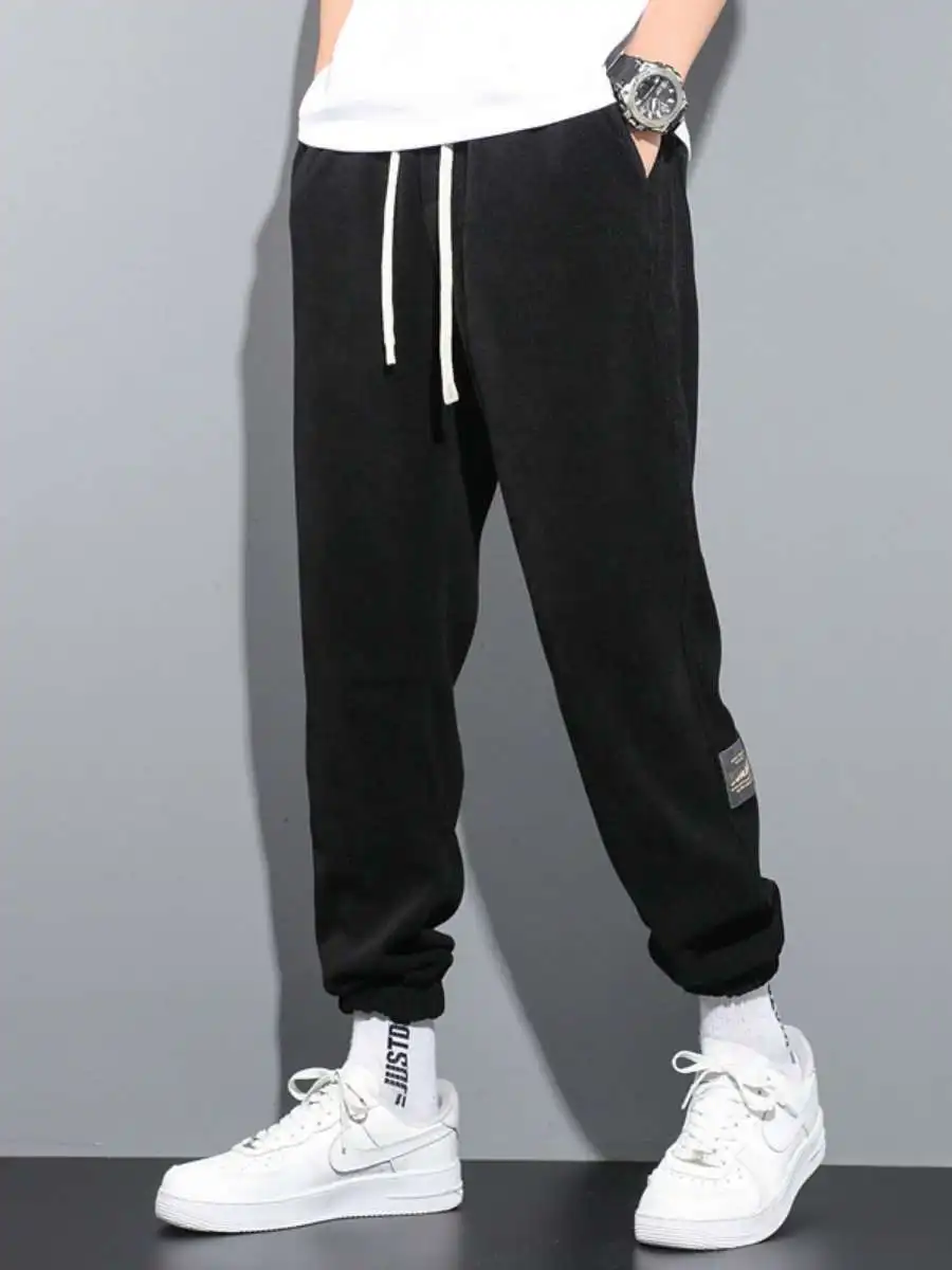 

Мужские вельветовые брюки на флисовой подкладке для осени и зимы, свободные повседневные спортивные брюки-карго, удобные, с эластичным поясом