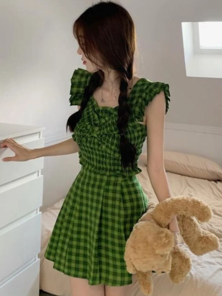 Plaid Two Pieces Sets Women Flying Sleeve Tops Mini Skirts Korean Style Ins Sweet Slim Pleated Summer Vintage College Ulzzang