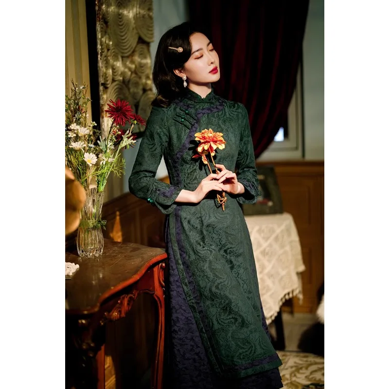 Spring Cotton Linen Cheongsam Middle-aged Long Sleeves Qipao Chinese Style Traditional Plate Buckle Ao Dai Retro Modern Dress