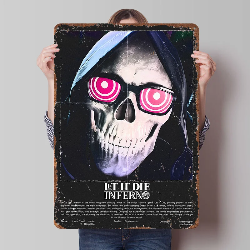 Let It Die Inferno Totenkopf Blechposter Individuelle Wandkunst Vintage Metallschilder Retro Blechplakette für Heimdekoration Ornamente Zimmer