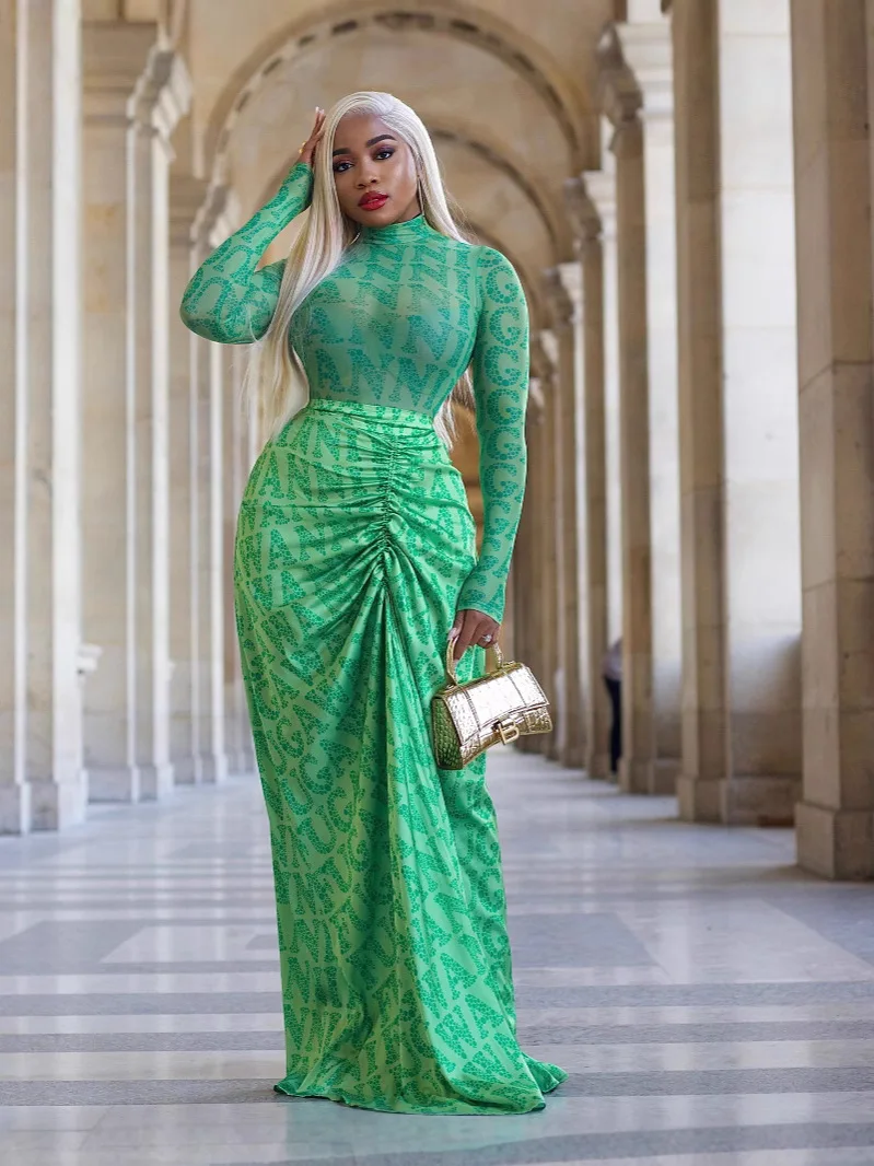 

Y6050 Сетчатый топ, легкая и тонкая и плиссированная юбка, длинная модная элегантная вечерняя драпированная юбка, комплект из двух предметов