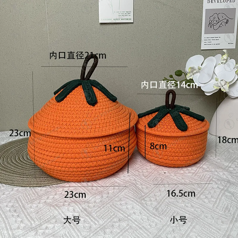 クリエイティブなハロウィンパンプキン収納バスケット、コットンロープ編み蓋付き収納容器、ホームリビングルームコーヒーテーブル用編みバスケット