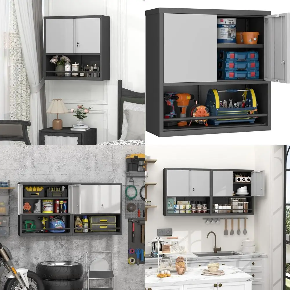 

31 Tall Metal Garage Wall Cabinet with Lockable Storage, Black and Grey for Utility and Office Spaces
