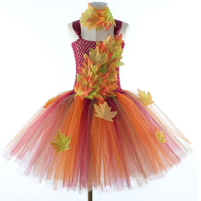 Fairy Autumn Costume Dress for Girls Maple Leaf Forest Princess Tutu Dress Set Kids Thanksgiving Festival Halloween Tulle Dress1