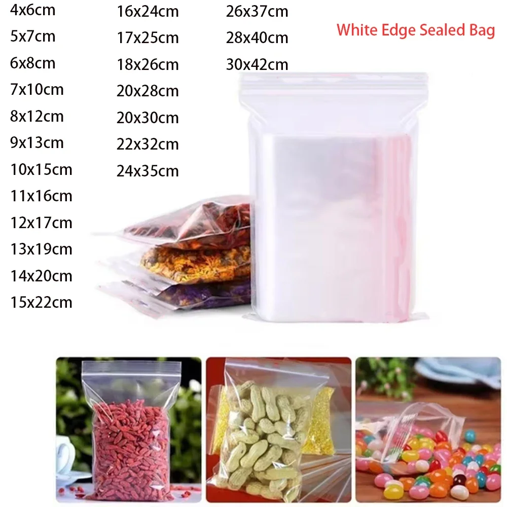 100Pcs 0.09/0.1/0.11/0.12mm Thick Transparent PE Zipper Bags Reusable Plastic Bags Candy Coffee Powder Books Gifts Sealed Bags