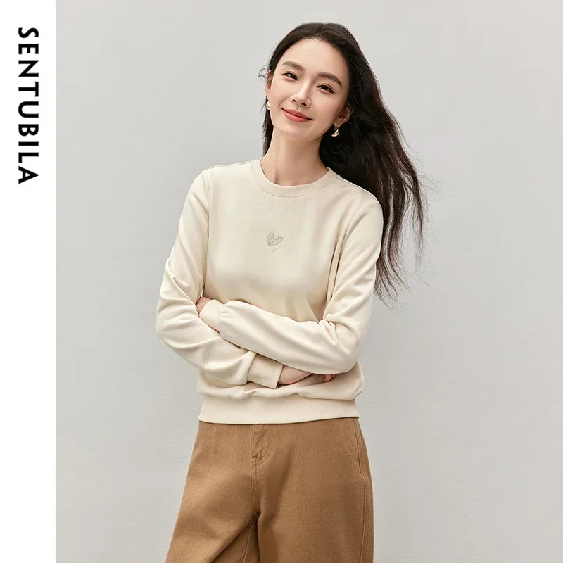 SENTUBILA Cotton Embroidery Sweatshirts for Women 2024 Autumn Straight Crew Collar Solid Simple Women Pullovers 143A57380