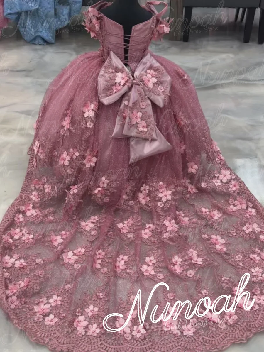 Pink Flower Girl Dress For Wedding Floral Lace Appliques Girl Birthday Party with Trail First Holy Communion Gown Customized