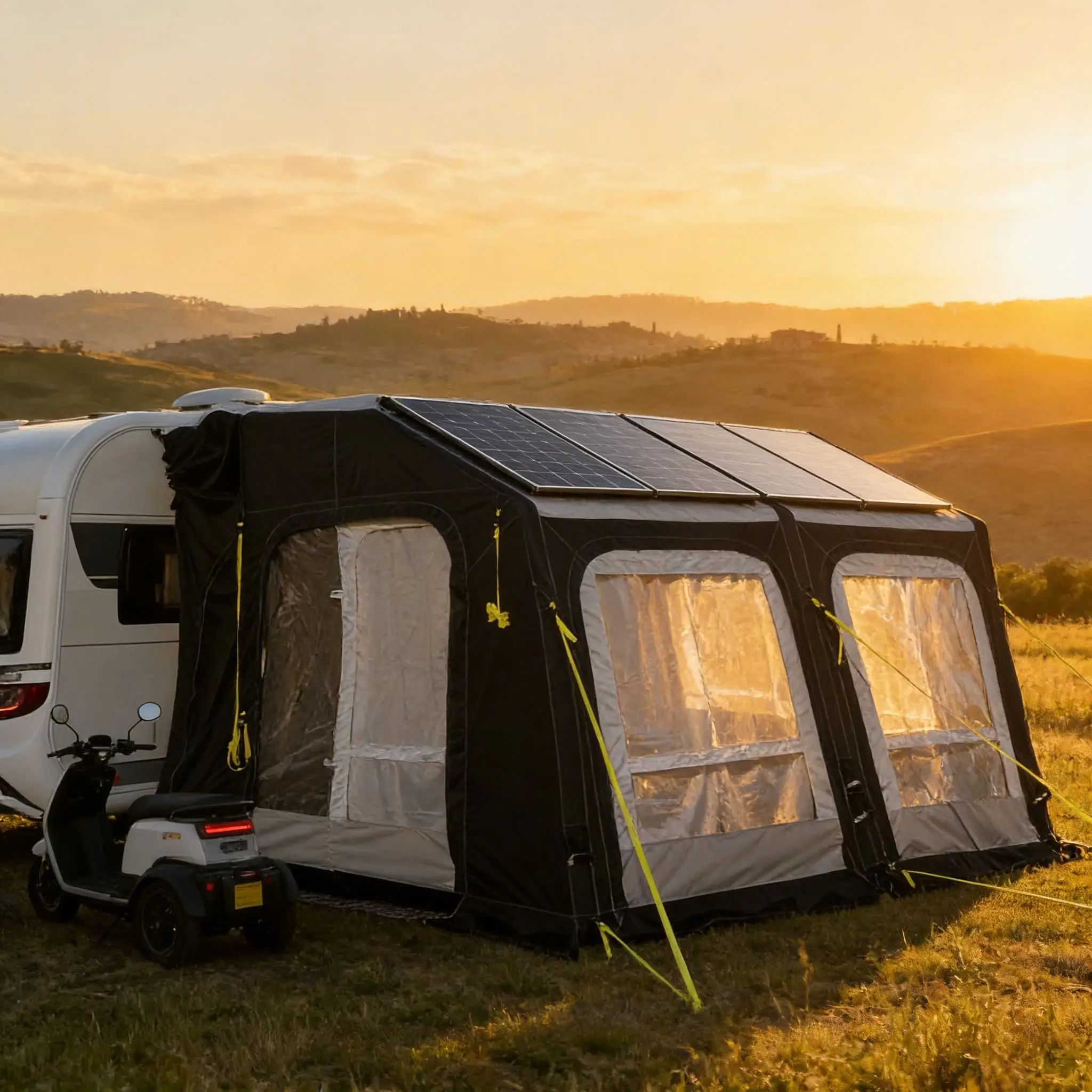 Quick-inflate side-awning tent, suitable for caravans, featuring multiple air chambers