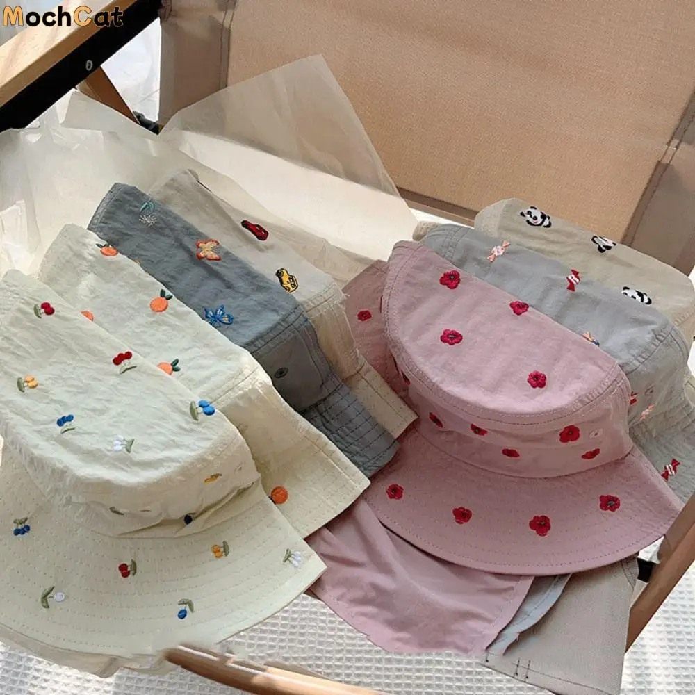 

Cute Cartoon Embroidery Children Panama Cap Neck Protection Sunscreen Baby Sun Hat Quick-dry Wide Brim Kids Bucket Hat Beach