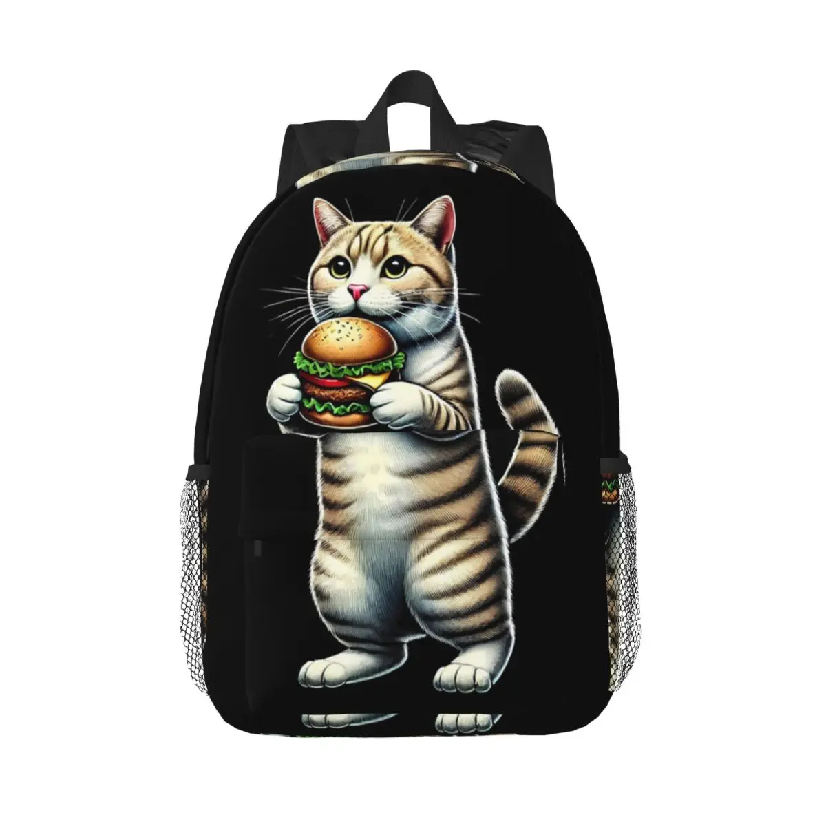 A Cat Eating A Hamburger Backpack Daypack Large Capacity Boys Girls BookBag Shoulder Bags for Men Women Kids School Bag