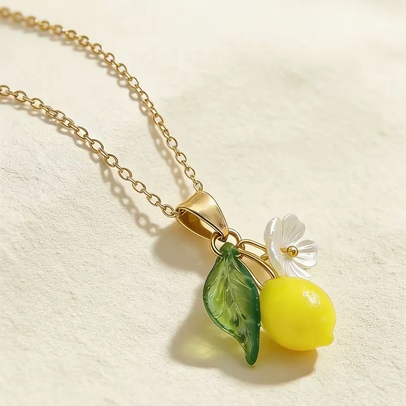 New Fashion Lemon Fruit Pendant Necklace for Women Ins Flower Chain Daily Wear Jewelry Gifts