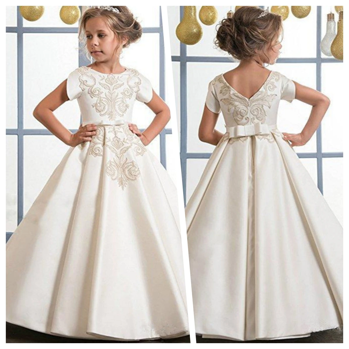 Beautiful Gold Embroidery Kids Flower Girl Dresses For Wedding O Neckline Elegant First Holy Communion Flower Girl Dresses