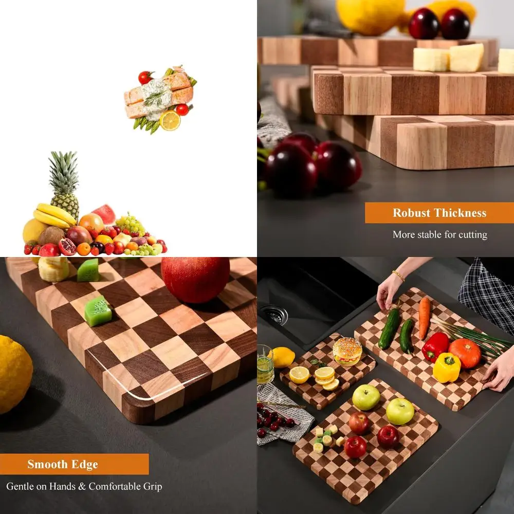 

3-Piece Kitchen Wood Cutting Board Set with Juice Groove, Handles & Checkered Design for Meat, Veggie, Fruit Chopping