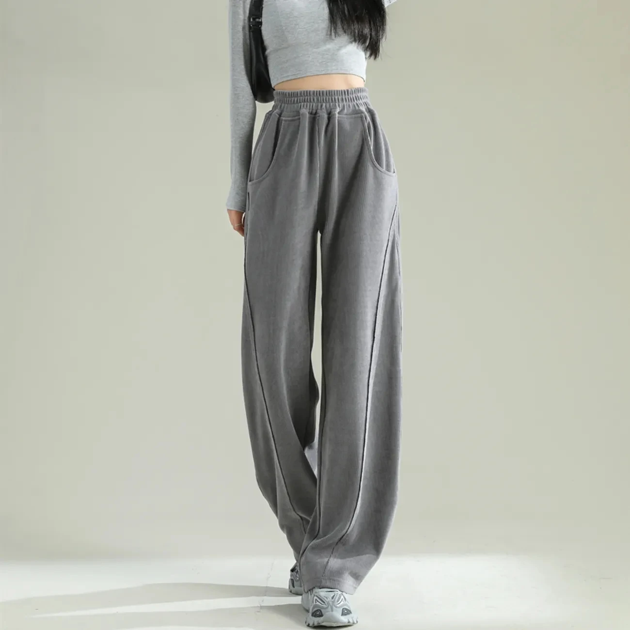 

Zoki Gray Casual Sweatpants Women Korean High Waist Baggy Wide Leg Trousers Autumn Winter Thick Warm Jogging Straight Pants New