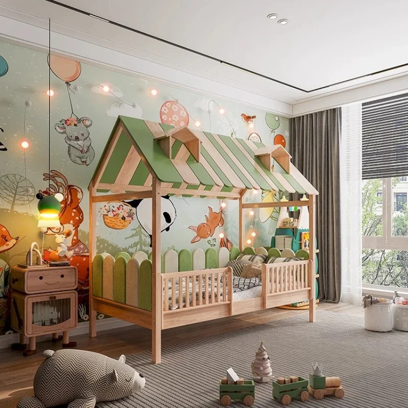 Roof tree house chimney bed children's bed girl trailer wooden house  with guardrail boy solid wood guardrail princess bed