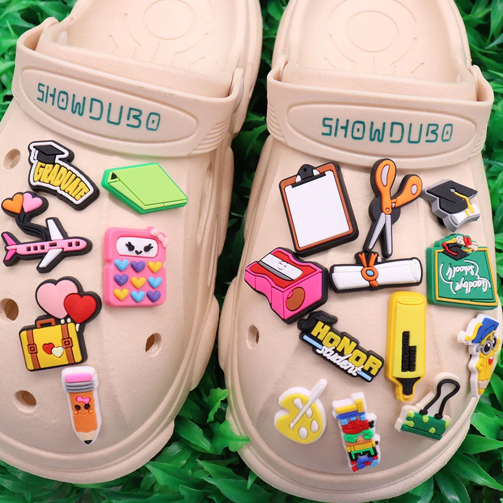 1pcs PVC Shoe Charms Folder Book Graduation School Bus Teacher Schoolbag Sandals Shoes Decoration Fit Wristbands Ornaments