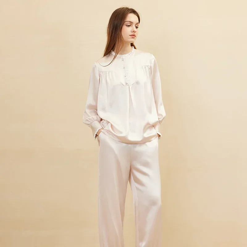 100% Mulberry Silk Long Sleeve Top & Trousers Nightwear Set Button-up Vintage Pajama Sleepwear Lapel Women's Pajamas Loungewear