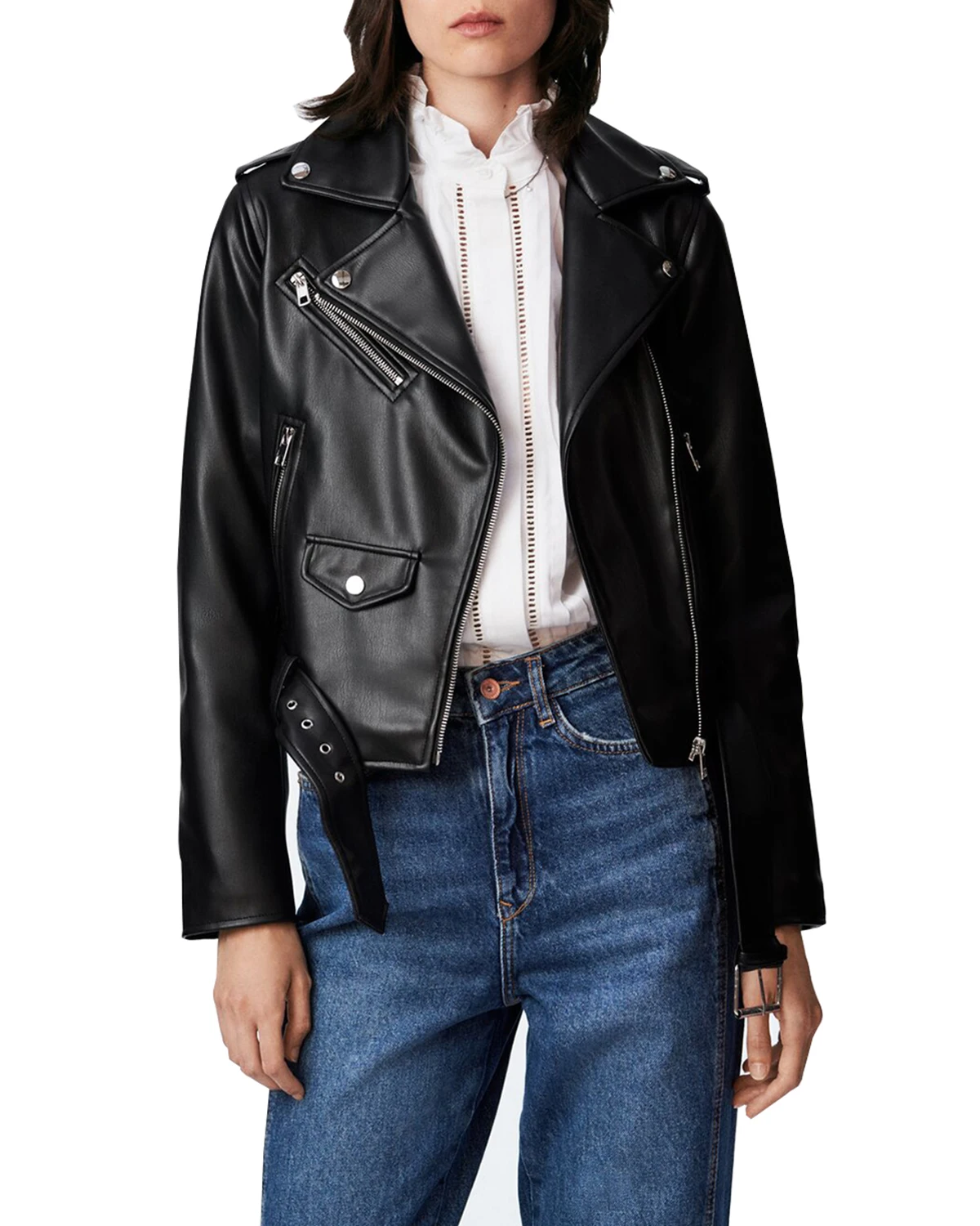 Women\'s Faux Leather Motorcycle Jacket PU Slim Short Biker Coat