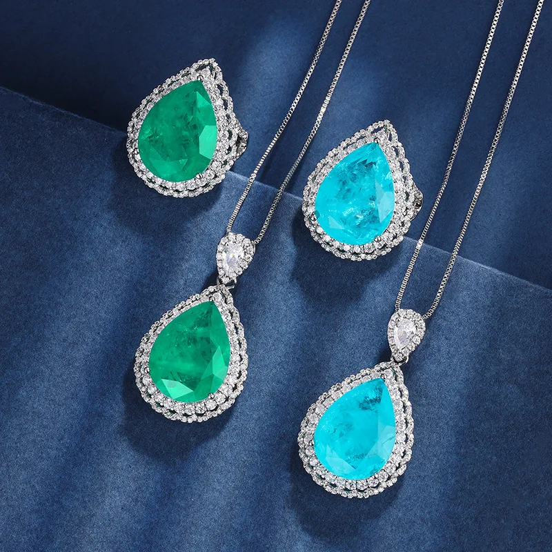 

Charms Emerald Paraiba Crystal Water Droplet Luxury Necklace Ring Set Jewelry Dress Wedding Accessories Women New Summer Product