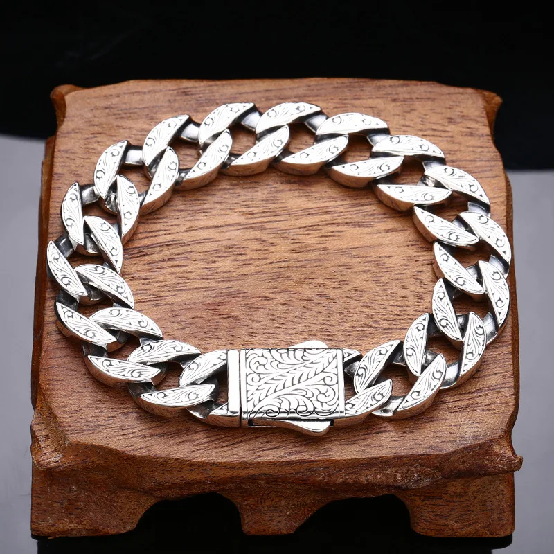 S925 Sterling Silver Bracelet Thick Cuban Chain Men's Pattern Vine Trendy Retro Accessory