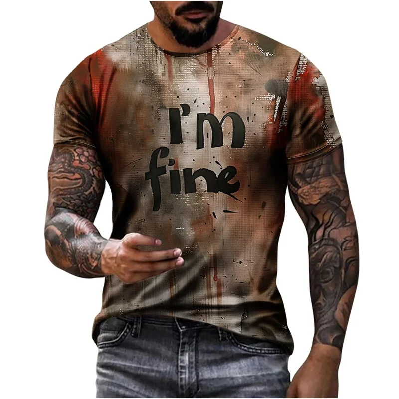 I'm Fine Bloody Graphic Halloween T Shirt For Men Full Print Scary Creepy Short Sleeve T-Shirt Mens New In Plus Size Tee Shirts