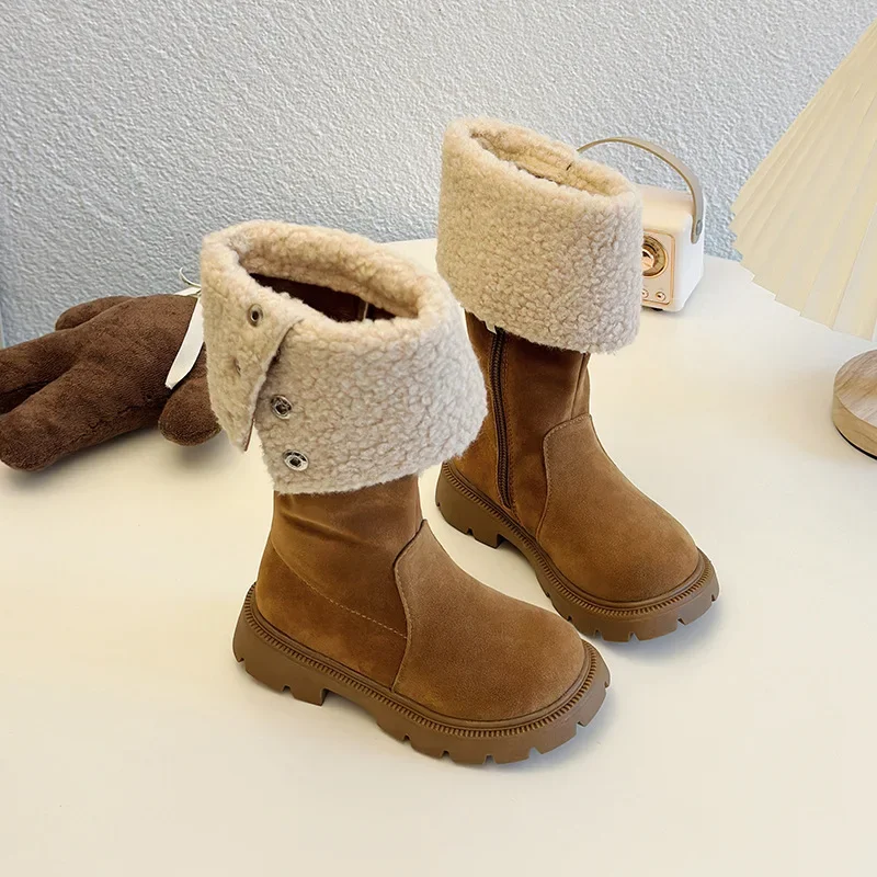 2024 Kids Girls Fashion High Boots Winter New Korean Style Soft Bottom Anti-slippery Versatile Catwalk Plush Trend Leather Shoes