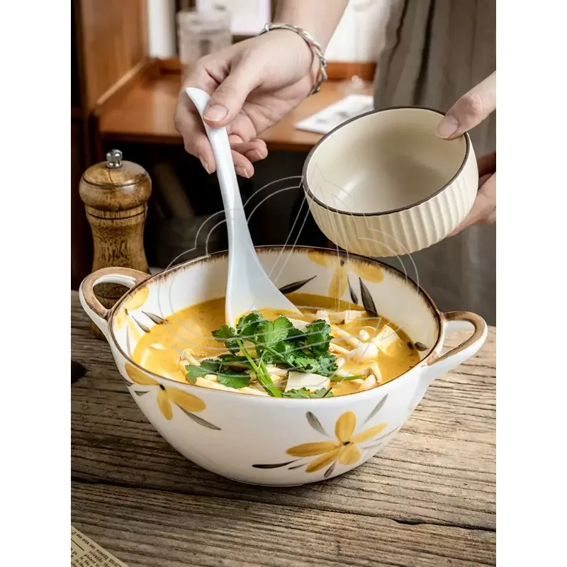 Ceramic Irregular Large Double-Handle Soup Bowl, Ramen Bowl with Binaural Design