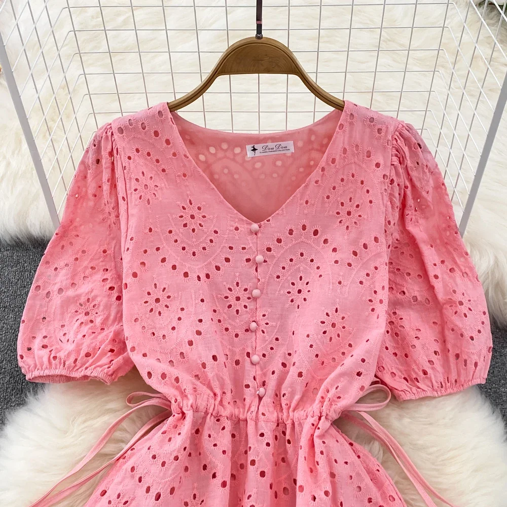 French Vintage cut out puff sleeve cut out Embroidery Dress A-line Chic Casual Beach Vacation Women Summer Vestidos dresses