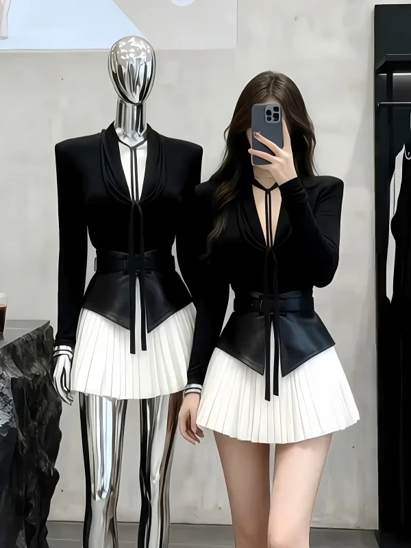 

Ele PU Leather Pleated ort Dr with Belt V-Ne Long Sve Slimming A-Line Skirt for Women Autumn Winter Faion