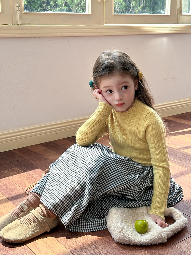 

Вязаный хлопковый облегающий базовый свитер из чистого хлопка для девочек с воротником с рюшами, осень-зима, милая голова over irt