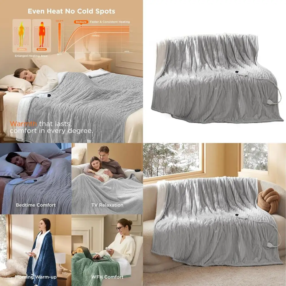 

Full Size Soft Ribbed Flannel Electric Blanket with 6 Heat Levels, 10 Timer Options, 8-Hour Auto Shut-Off (72x84 inches, Light G