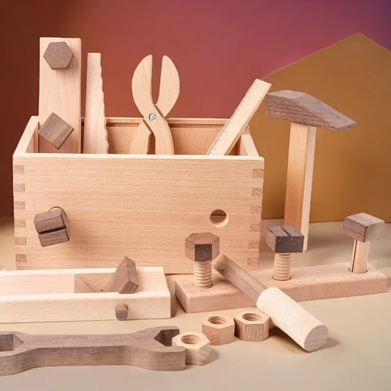Role play jogos interativos para criança caixa de ferramentas de armazenamento portátil crianças conjunto de ferramentas de madeira educacional haste construção montessori brinquedos