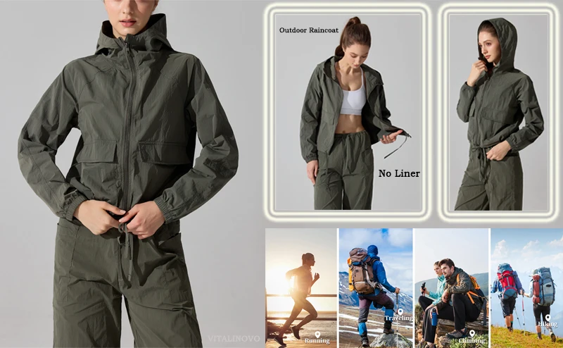 VITALINOVO Leichte Regenjacke für Damen, wasserdicht, durchgehender Reißverschluss, langärmelig, Sportjacke mit Kapuze, Windjacke zum Wandern – Detail 6