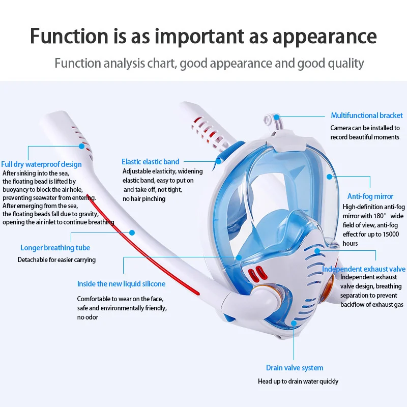 Snorkeling Mask Double Tube Silicone Full Dry Diving Mask Adult Swimming Mask Diving Goggles Self Contained Underwater Breathing