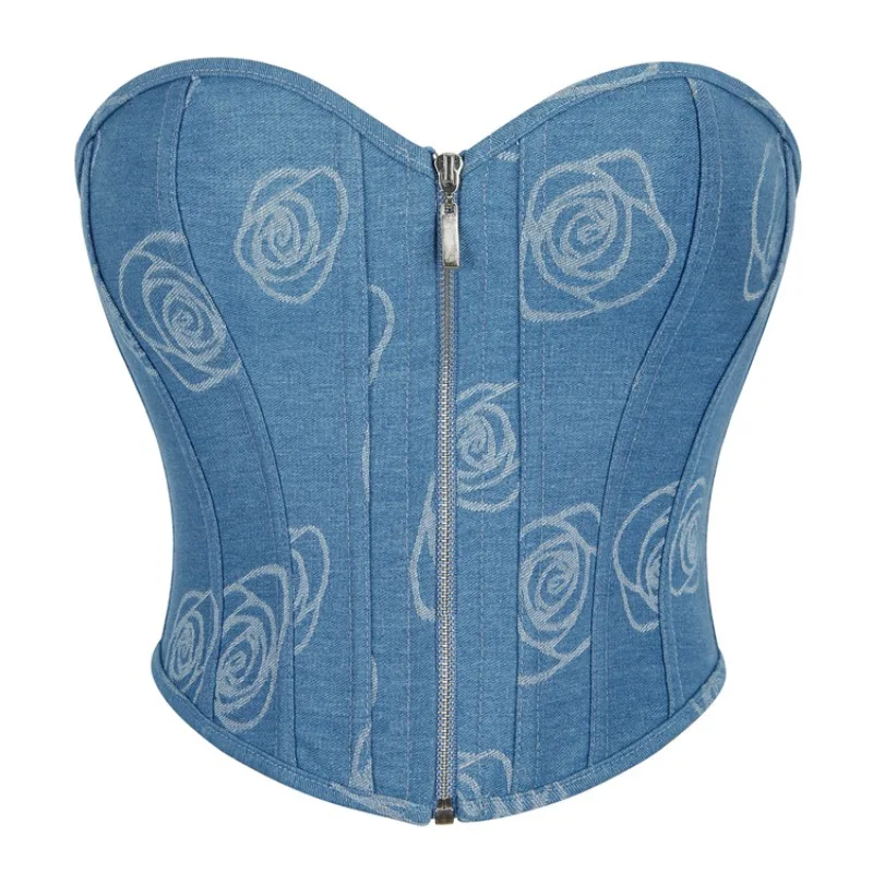 

Blue Imitation Denim Corset Cropped Top Body Shape with Zipper Women's Push-up Bustiers and Corsets Vintage Rose Printing