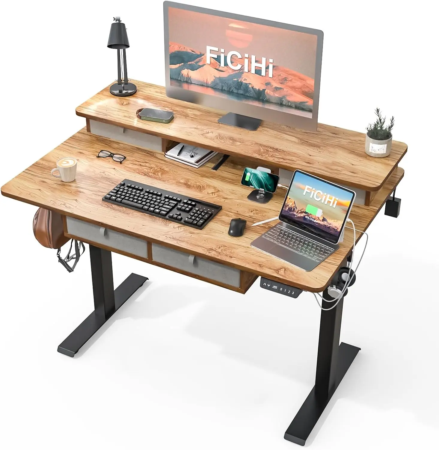 

Adjustable Height Standing Desk with 4 Drawers,48 x 30 inches Electric Sit Stand Home Office Desk with Two Tiers, 3 Memor