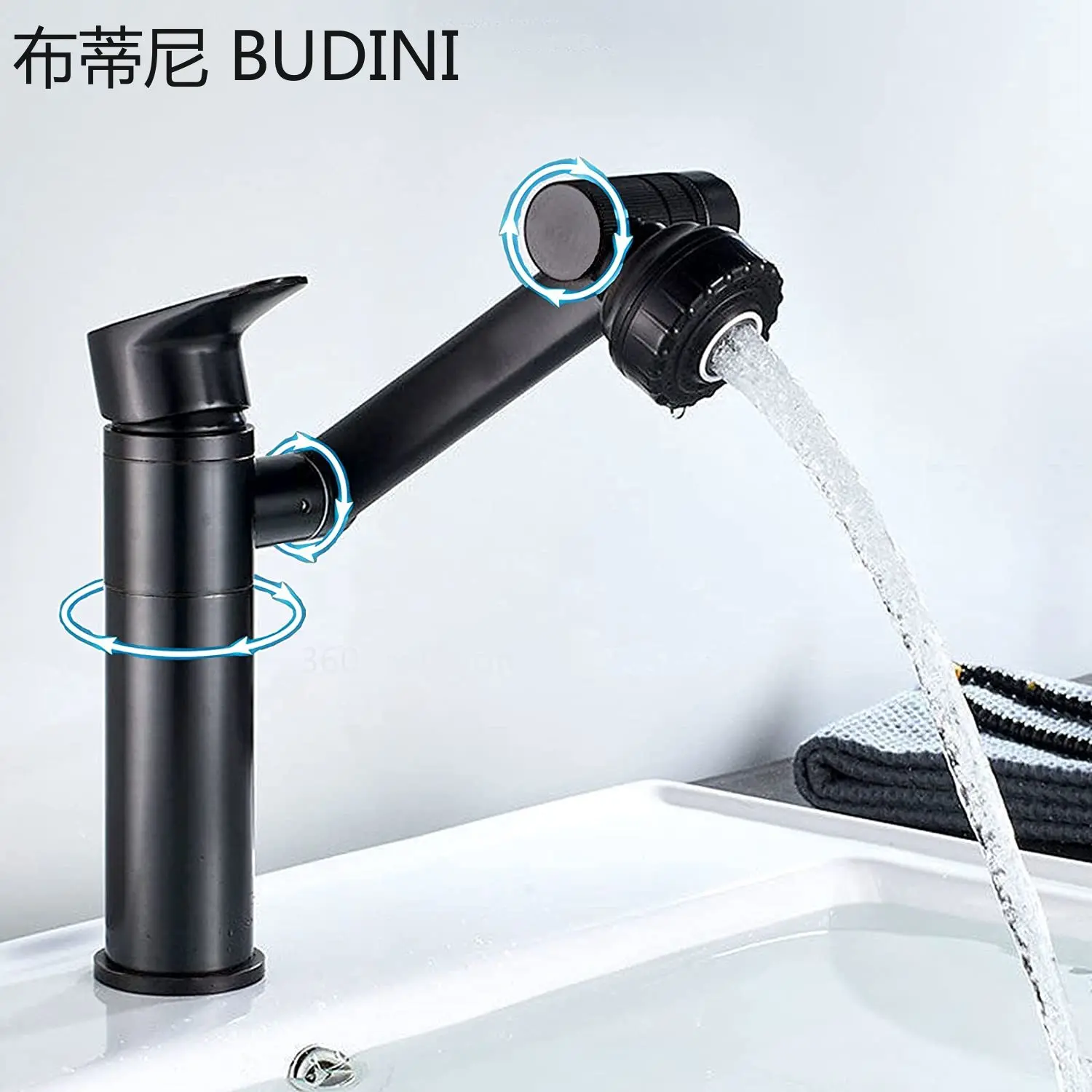 

1080° Modern Bathroom Basin Black Faucet Kitchen Sink Cold and Hot Water Faucets Mixer Aerator 2 In 1 Single Hole Tap With Hose